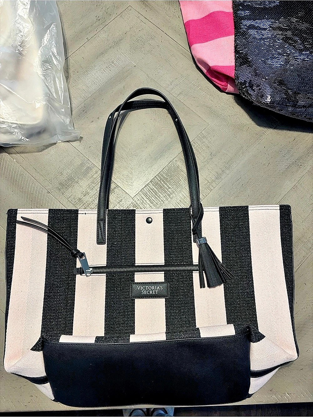 Victoria's Secret Striped Tote Bag in Pink & Black Like New